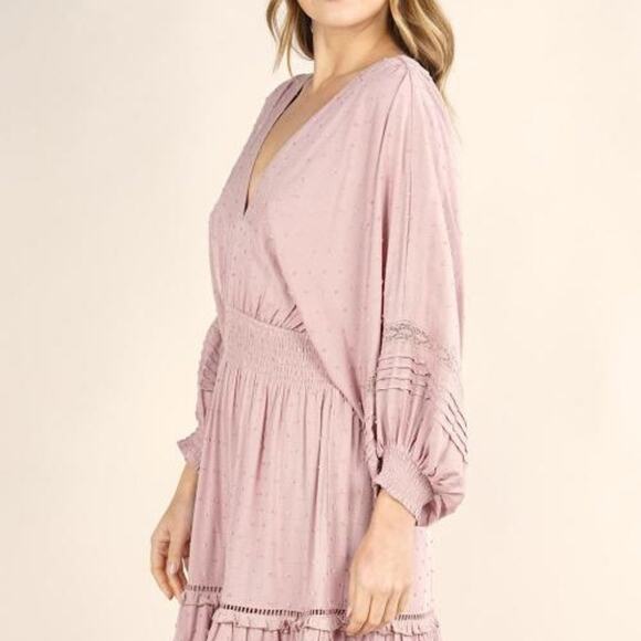 Boho Swiss Dot Crochet Accent Open Tassel Tie Back Womens Balloon Sleeve Dress S - Picture 13 of 14